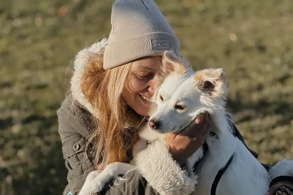 A dog owner offering a small calming chew to their dog at home