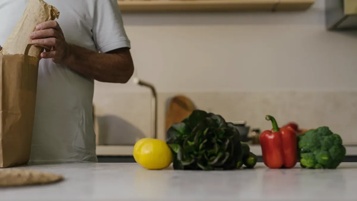 A dog supplement bottle sitting next to fresh vegetables on a kitchen counter