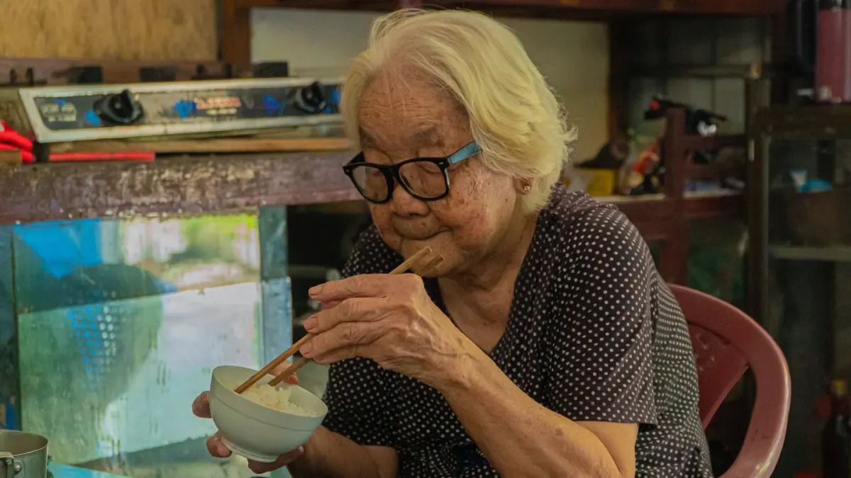A gray-muzzled senior dog eating from a bowl while an owner watches nearby