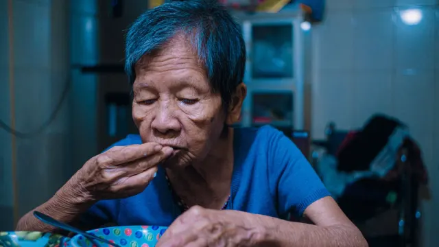 A senior dog eating from a stainless steel bowl in a home kitchen while an owner watches