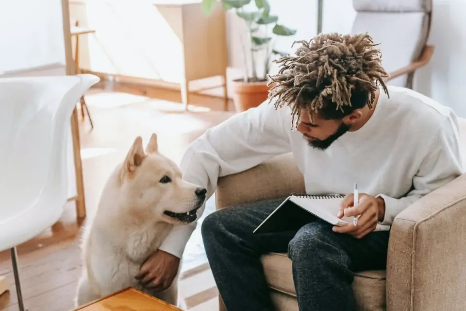A veterinarian going over a nutrition plan with a dog owner at a clinic desk