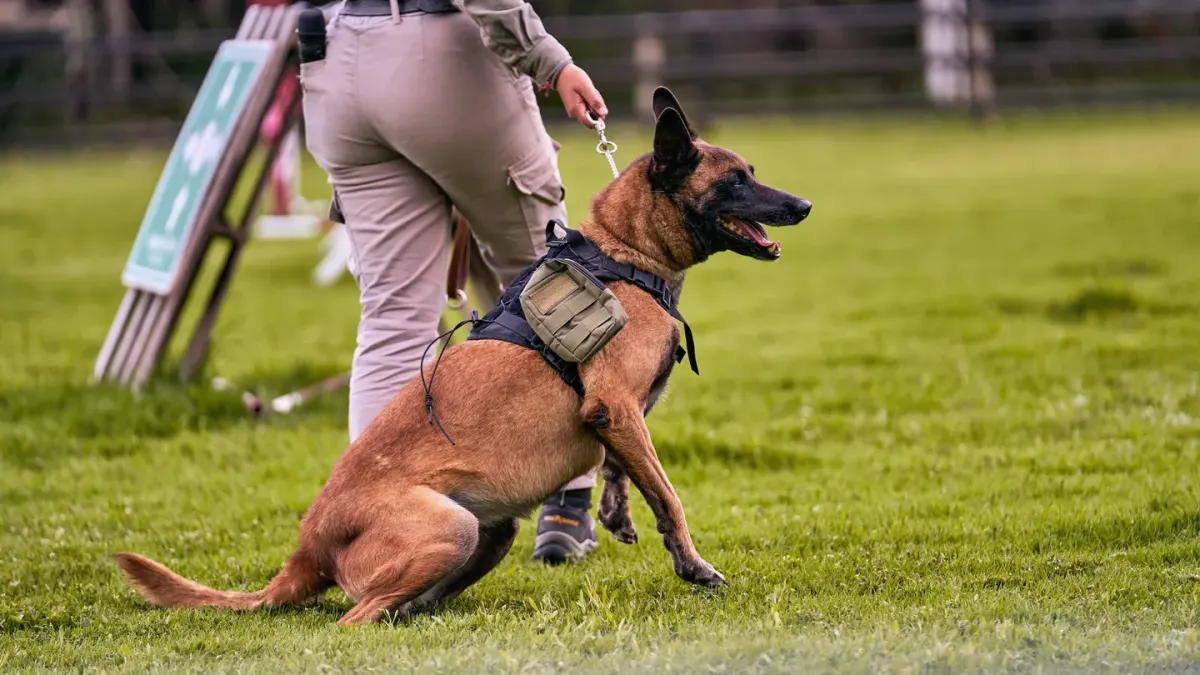 A woman kneels on grass working through a leash exercise with a mixed-breed dog