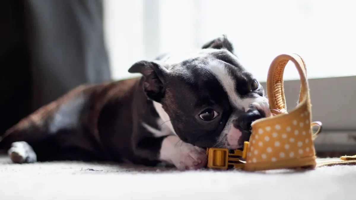 Dog eating from a bowl at home
