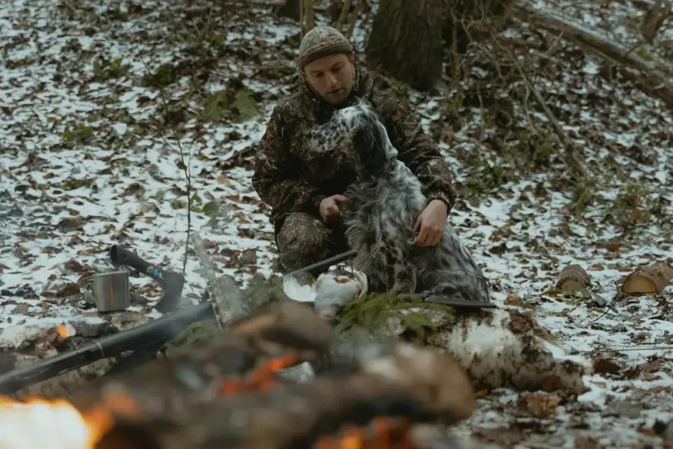 Dog eating outdoors
