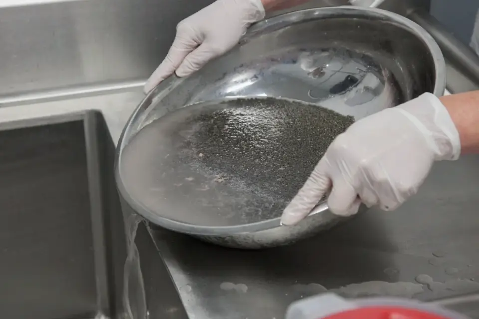 Fish oil being measured into a small cap above a dog&#x27;s food bowl