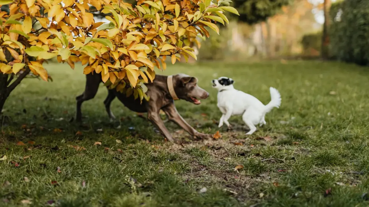 Two dogs mid-wrestle on a lawn, one with an open relaxed mouth