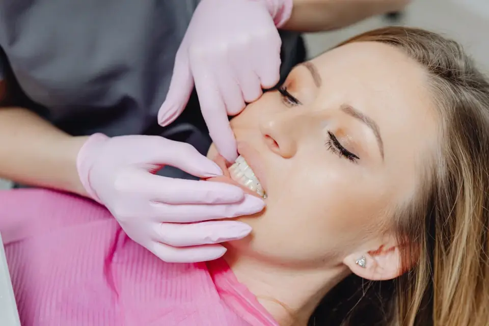 Veterinarian lifting a dog&#x27;s lip to check gum color during an exam